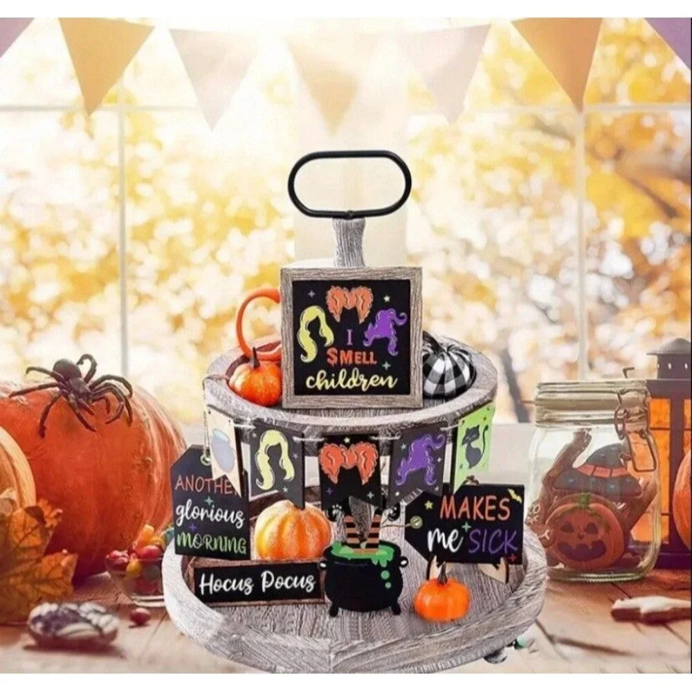 10pc Set Whimsical Halloween Hocus Pocus Tiered Tray Decor Set Witches Cauldron - Picture 6 of 7
